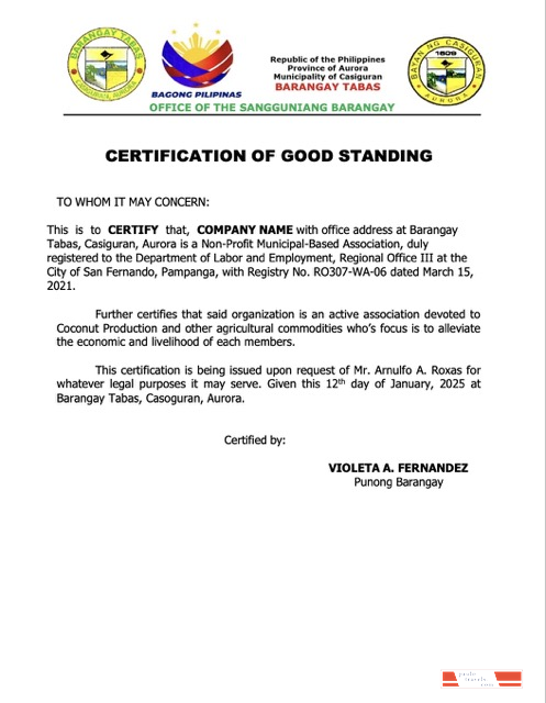 Philippines certification of good standing Word and PDF template, version 4